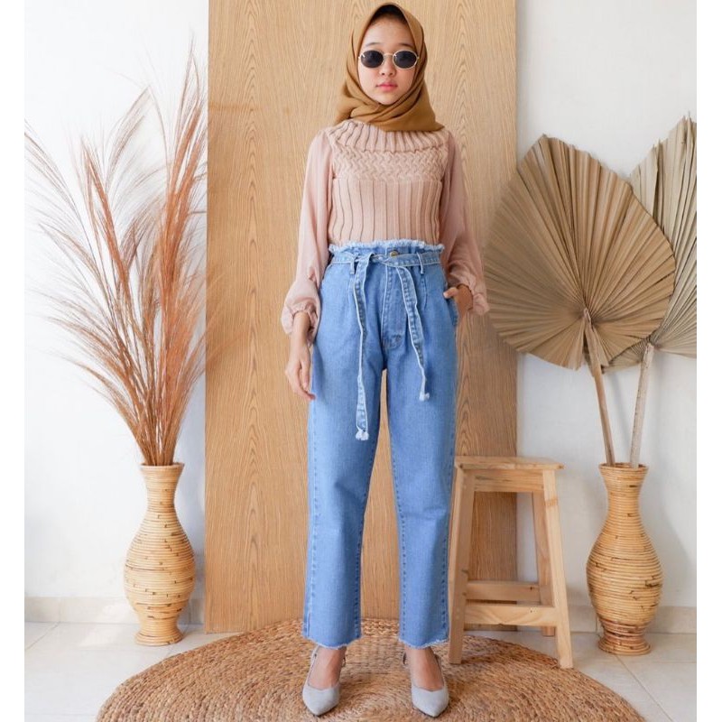 Celana Highwaist Jeans - Boyfriend fringe tali