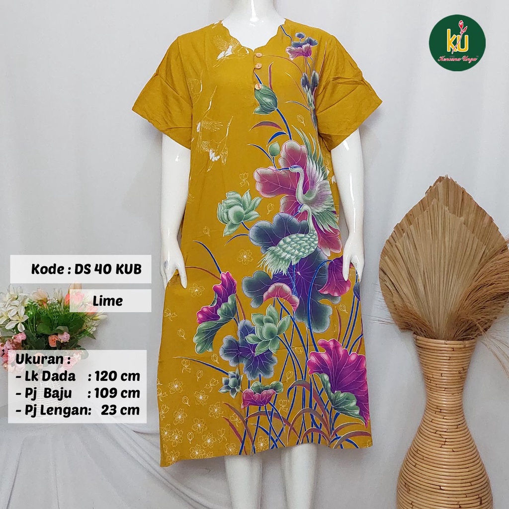 COD DS40 KUB | Daster Batik Kencana Ungu Asli Label Biru Ukuran Jumbo | Baju Santai Tidur Wanita Dewasa Kancing Depan Busui Friendly Motif Terbaru-Lime E