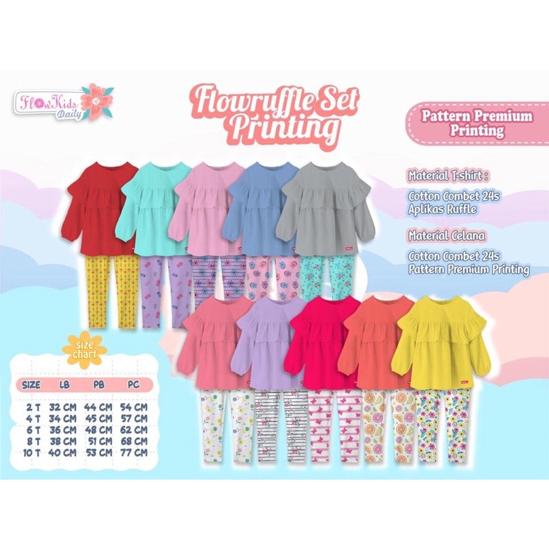 Flowkids Set Ruffle Legging Anak Perempuan - Setelan Laging Celana Panjang Cewek 2 4 6 8 10 Tahun