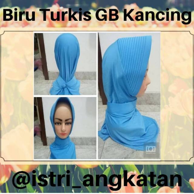 Jilbab Biru Turkis Garis Banyak Kancing