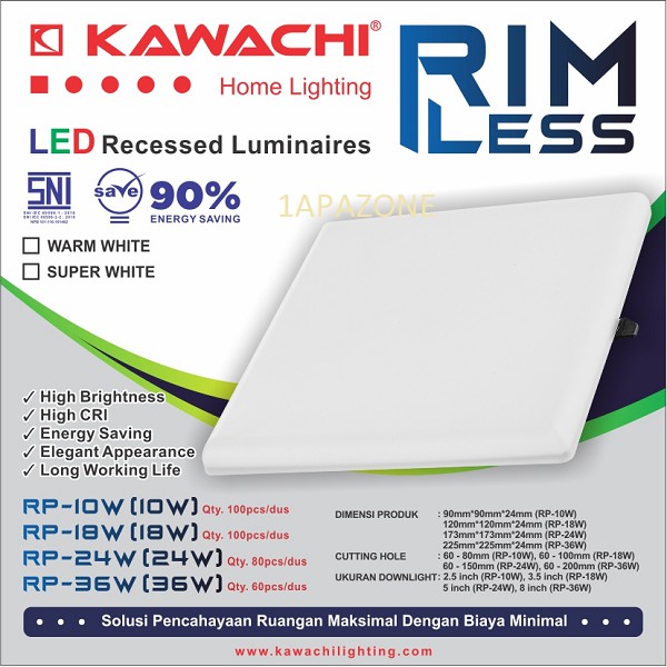 Led Recessed Luminaires petak 10watt RP-10W RIMLESS KAWACHI