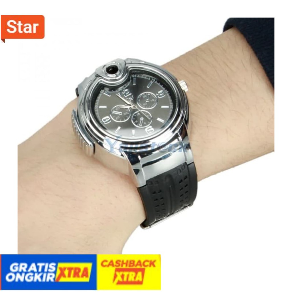 BEST SELLER  - ANTI AIR IMPORT HITAM PUTIH POLOS / Jam Tangan Analog Pria Korek Api Gas Mancis