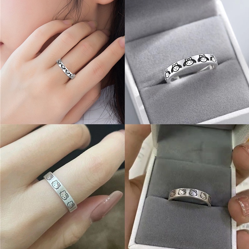 Cincin Desain Hello Kitty Bahan 925 Silver Dapat Disesuaikan Untuk Wanita