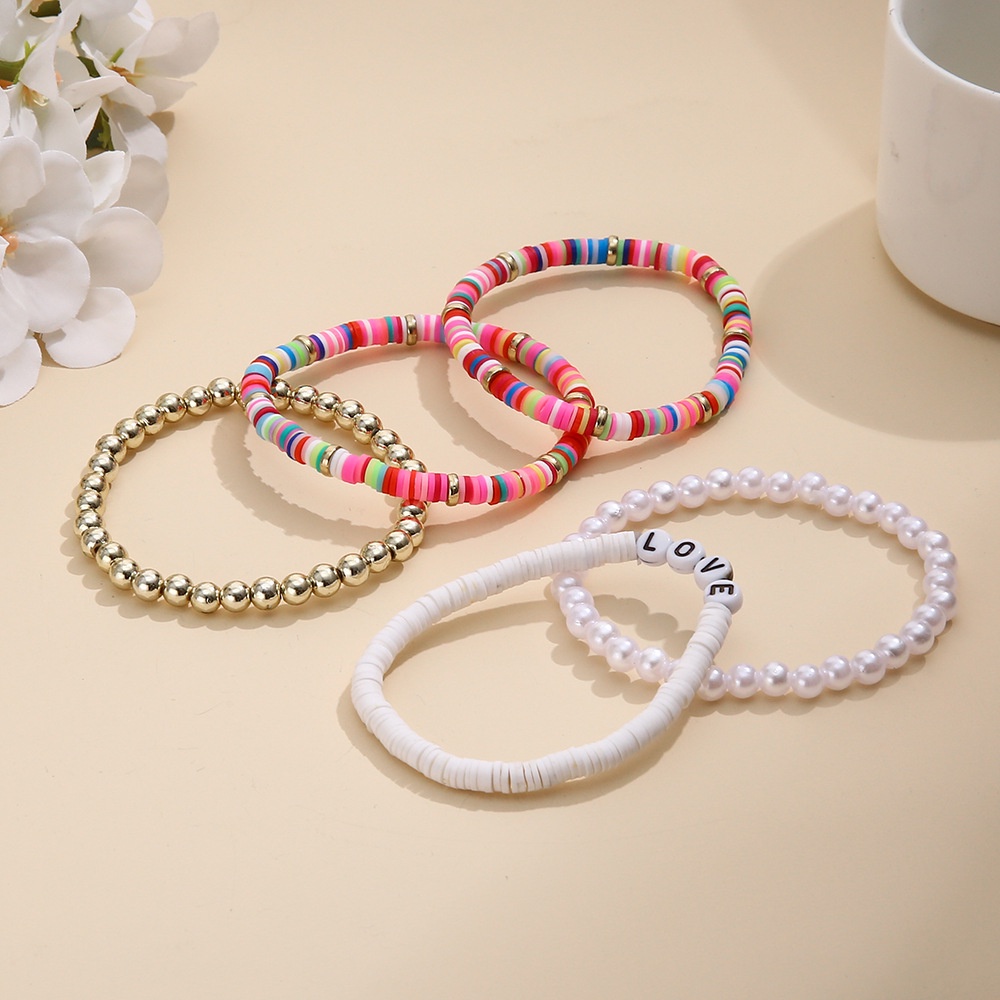 5pcs / Set Gelang Mutiara Tembikar Lembut Warna-Warni Gaya Bohemian Retro Untuk Wanita