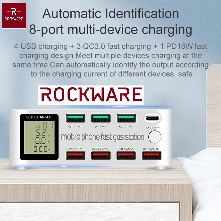 ROCKWARE 818D - 7 USB Port and 1 PD 18W Port Charging Station - 100W - Charger Multiport Up to 8