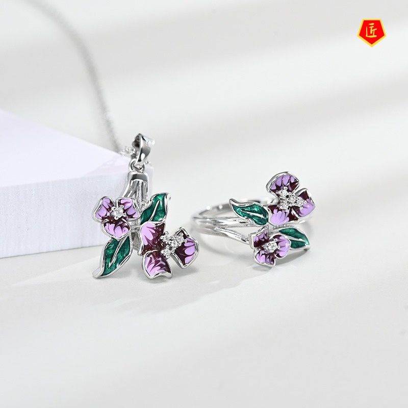 [Ready Stock]Colorful Flower Necklace Ring Earrings Set for Women