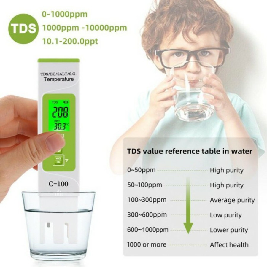 Water Tester TDS Meter 5 in 1 TDS EC Salinity SG Temperature C-100