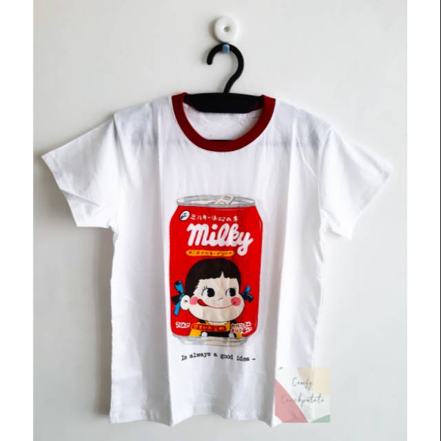 Kaos baju wanita pria oversize bahan katun model tumblr tee terbaru sablon milky peko can