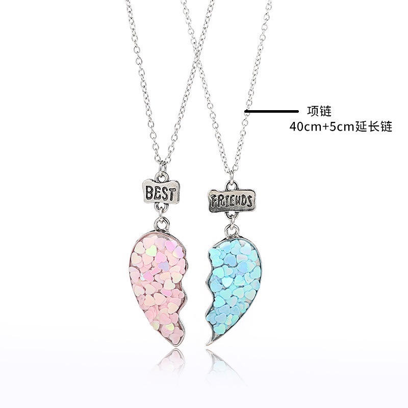 2pcs / Set Kalung Rantai Choker Hias Liontin Setengah Hati Aksen Payet Untuk Wanita