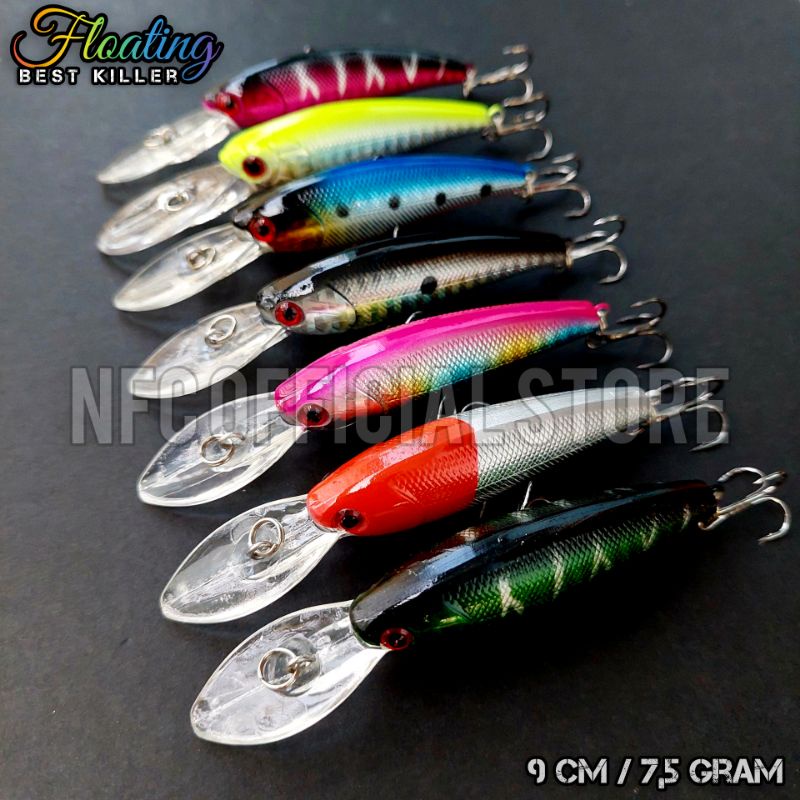 Lure minnow floating lidah panjang 9 cm 7,5 gram Umpan Troling target Black bass Mangrove jack