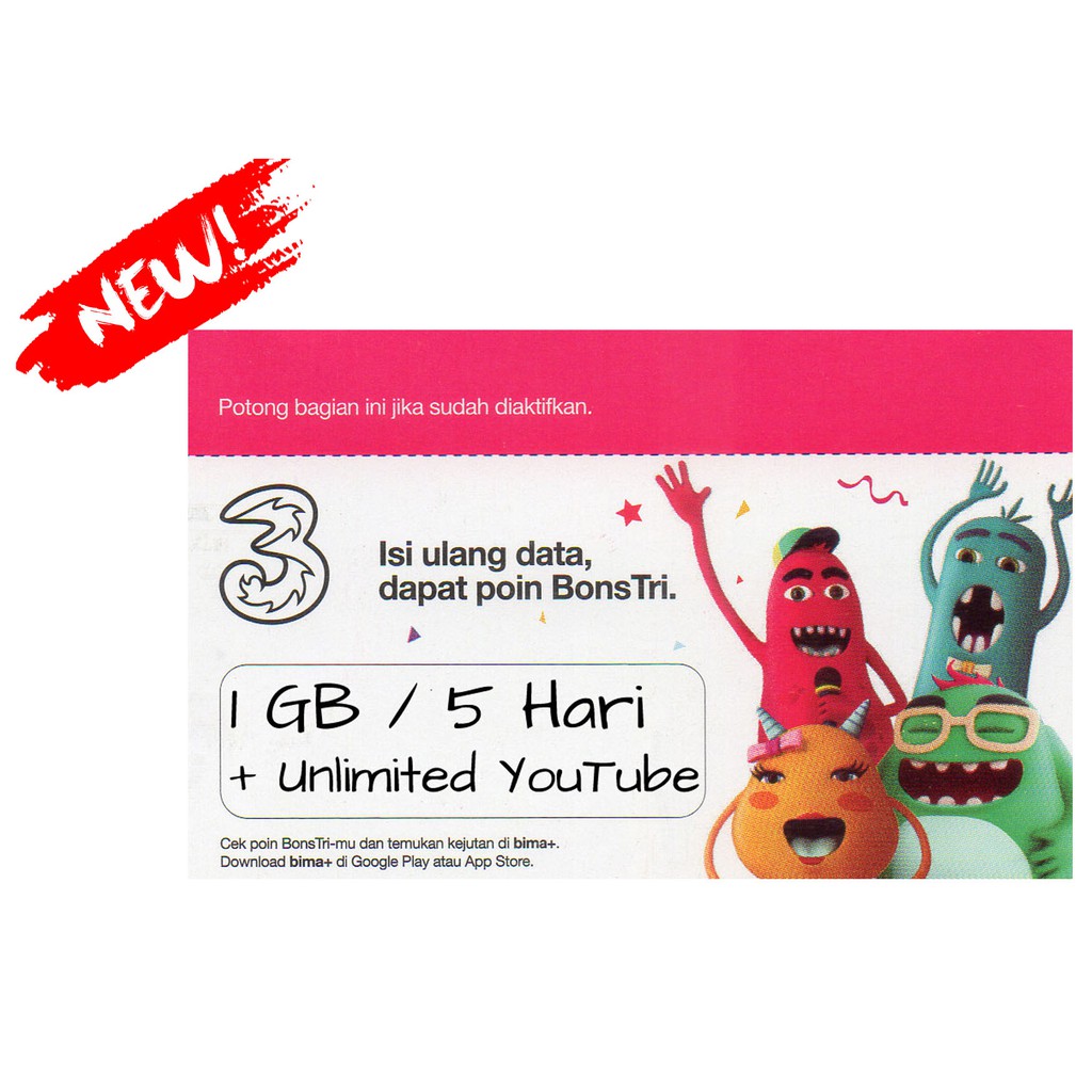 Voucher Data Tri Mini 1GB 5Hari + Unlimited YouTube