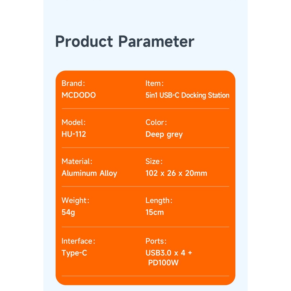 MCDODO Type C Hub 5 in 1 HU-1120 USB 3.0 4 Port + PD 100W Docking Station - Garansi Resmi 6 Bulan