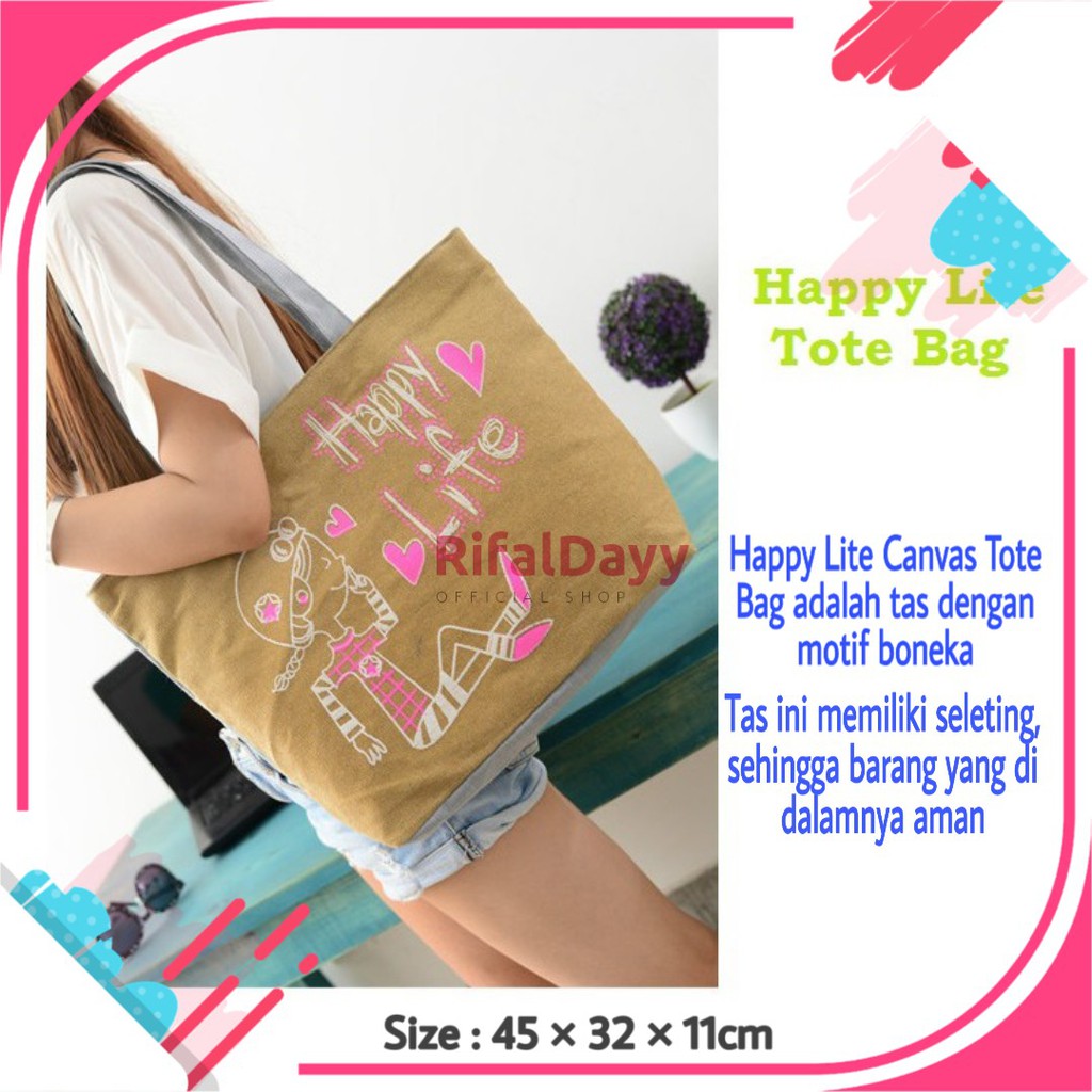 Tas Wanita Tote Bag Canvas Motif / Happy Life Canvas Tote Bag