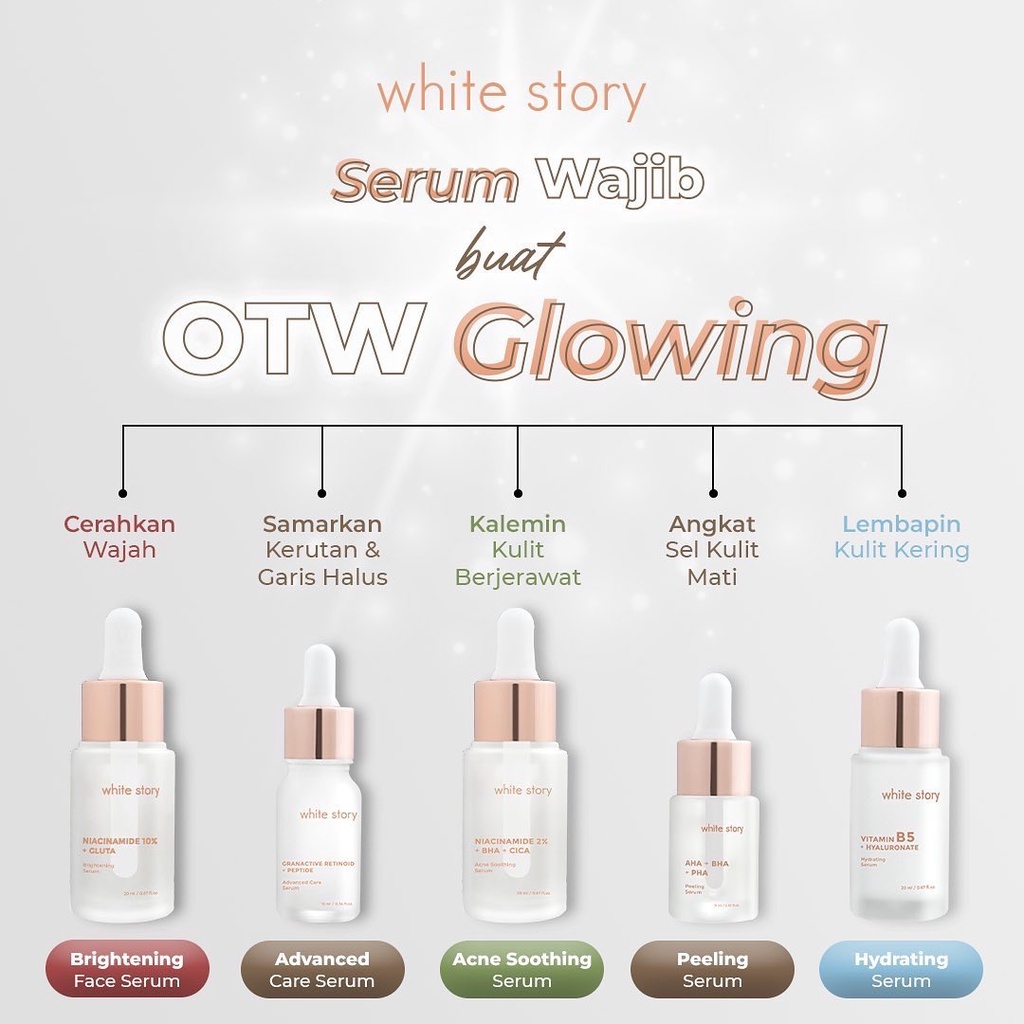 WHITE STORY Face Serum Indonesia / Skincare Brightening Acne Soothing Hydrating Peeling Peptide Anti Aging Advanced Arbutin Glow Vitamin C Radiance / Facial Wash Essence Toner Day Night Eye Cream Underarm Mask Sunscreen / Body Care Lotion Soap Paket Wajah