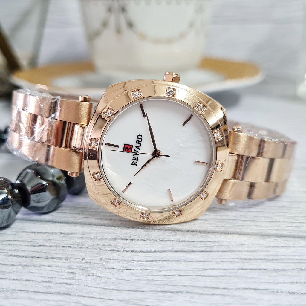 (COD) Jam Tangan Wanita Origianl REWARD Mystique Gold Rose White Putih Rantai Besi Stainless Steel A