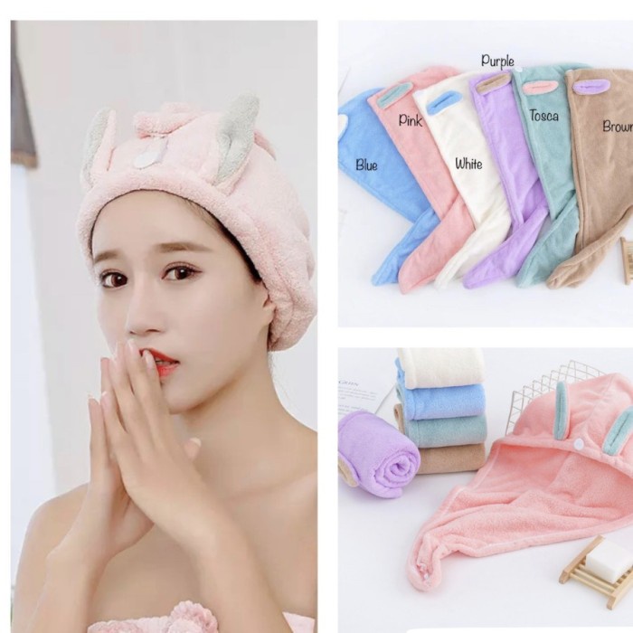 QUALITY Cute Rabbit Ear LOVE Hair Lady Towel Shower Cap Handuk Keramas rambut