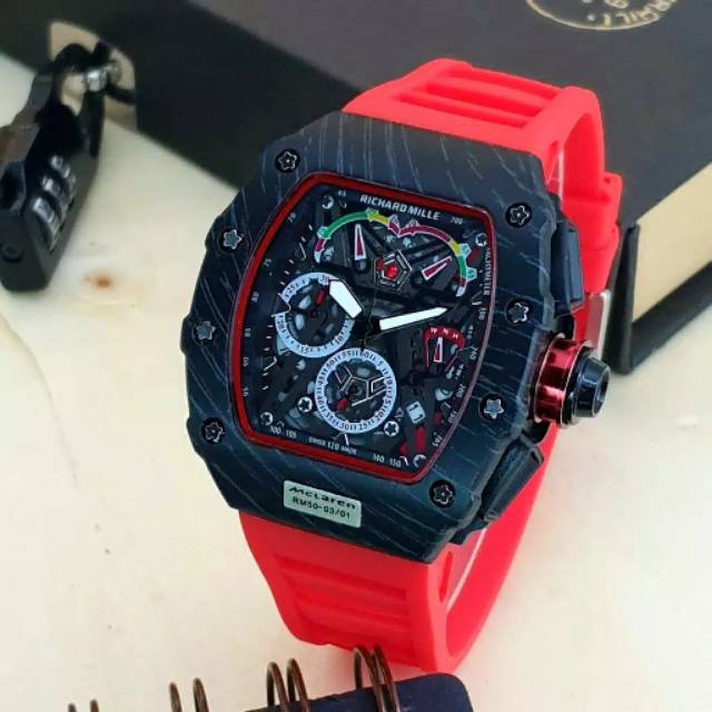 JAm tangan fashion pria RM tanggal aktif cronograf aktif warna hitam merah