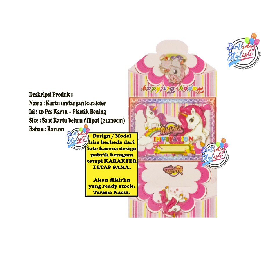 Kartu Undangan Unicorn Ultah/ Undangan Unicorn Ulang Tahun Anak/ Undangan Karakter Unicorn Lipat 3