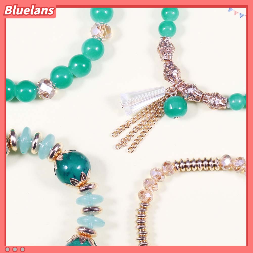 Bluelans 4Pcs Boho Faux Agate Pearl Tassel Chain Charm Beaded Bracelet Women Jewelry