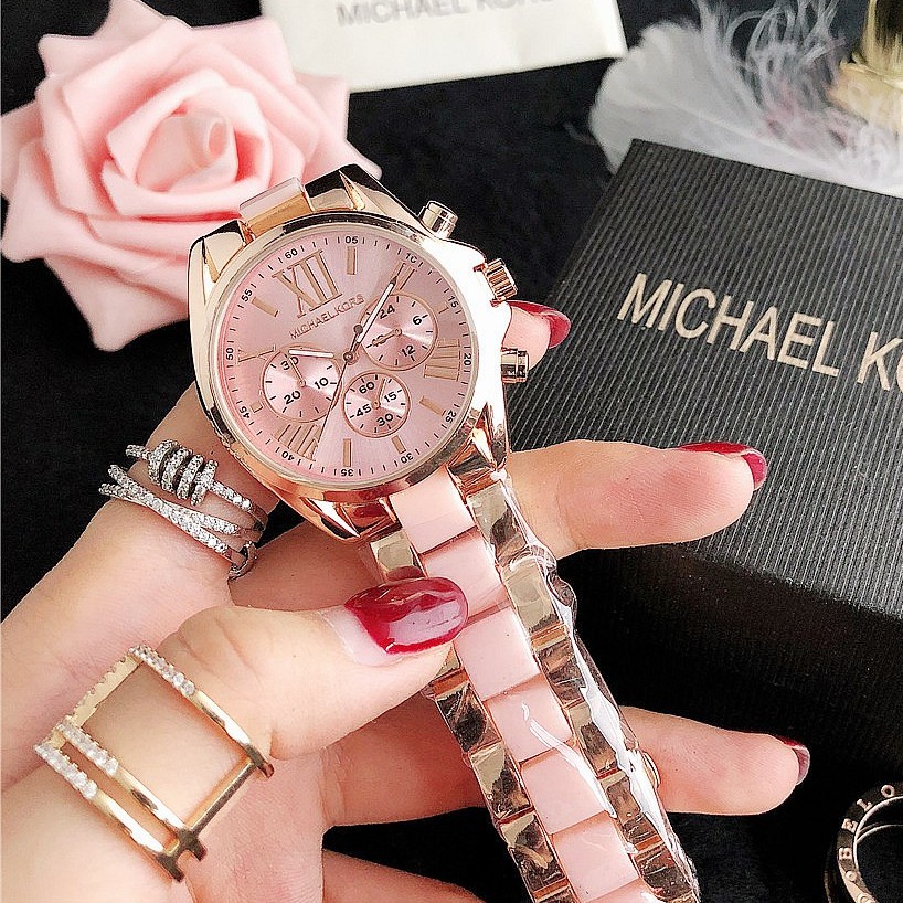 Michael Kors Jam Tangan Wanita MK Ceramic Strap Jam Tangan Quartz Bisnis Fashion Tiktok Hot-Merah Jambu