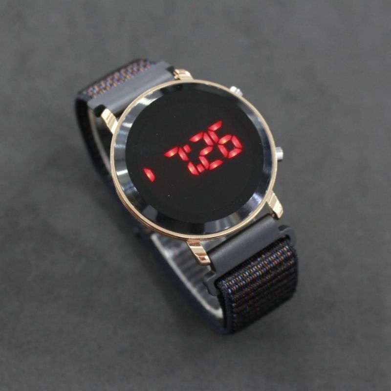 Jam Led kanvas bulat free gift box-Hitam KNV BLT ROSE