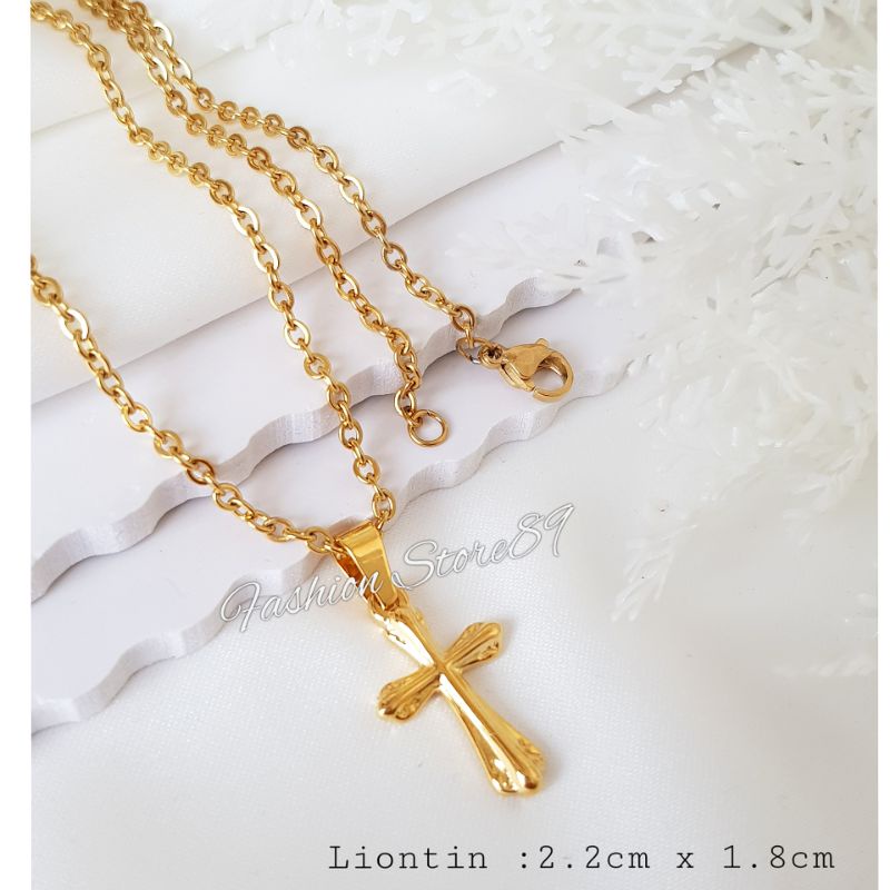 kalung Titanium Salib Gold Kalung Liotnin salib jesus rohani impor titanium gold antikarat