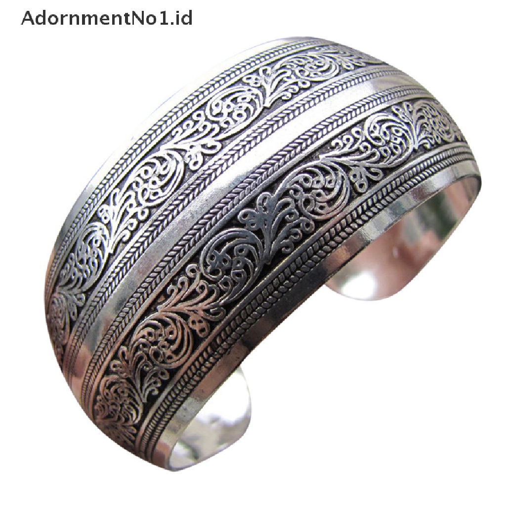 (AdornmentNo1) Gelang Bangle Cuff Terbuka Lapis Silver Gaya Tibet Motif Totem Untuk Perhiasan Wanita (ID)