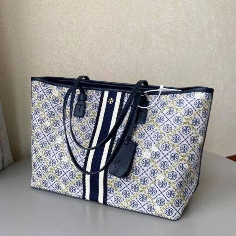 TORY BURCH T Monogram Floral Vine Small Top-Zip Tote Bag (Navy)