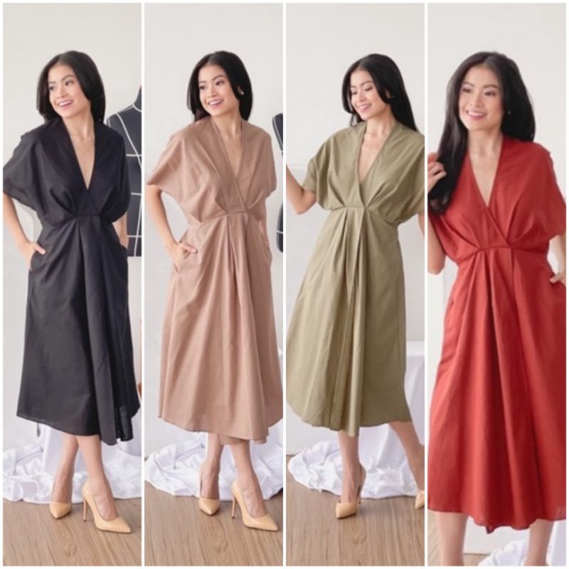 ❣️SPECIAL PRICE ♡ PREMIUM ♡ ORIGINAL ! NATHANIA VINTAGE BIG SIZE KIMONO V-NECK SLING PLAIN SLIT MIDI DRESS