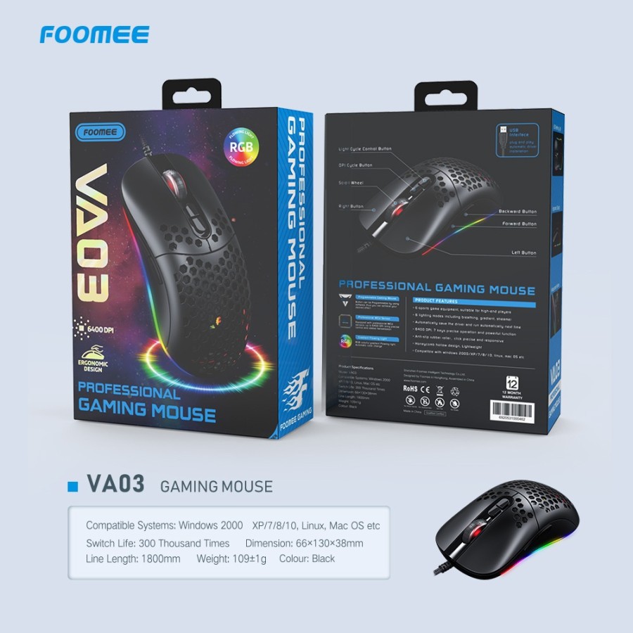 Optical Mouse Gaming RGB FOOMEE VA03 Wired Mouse Gaming 6400 DPI