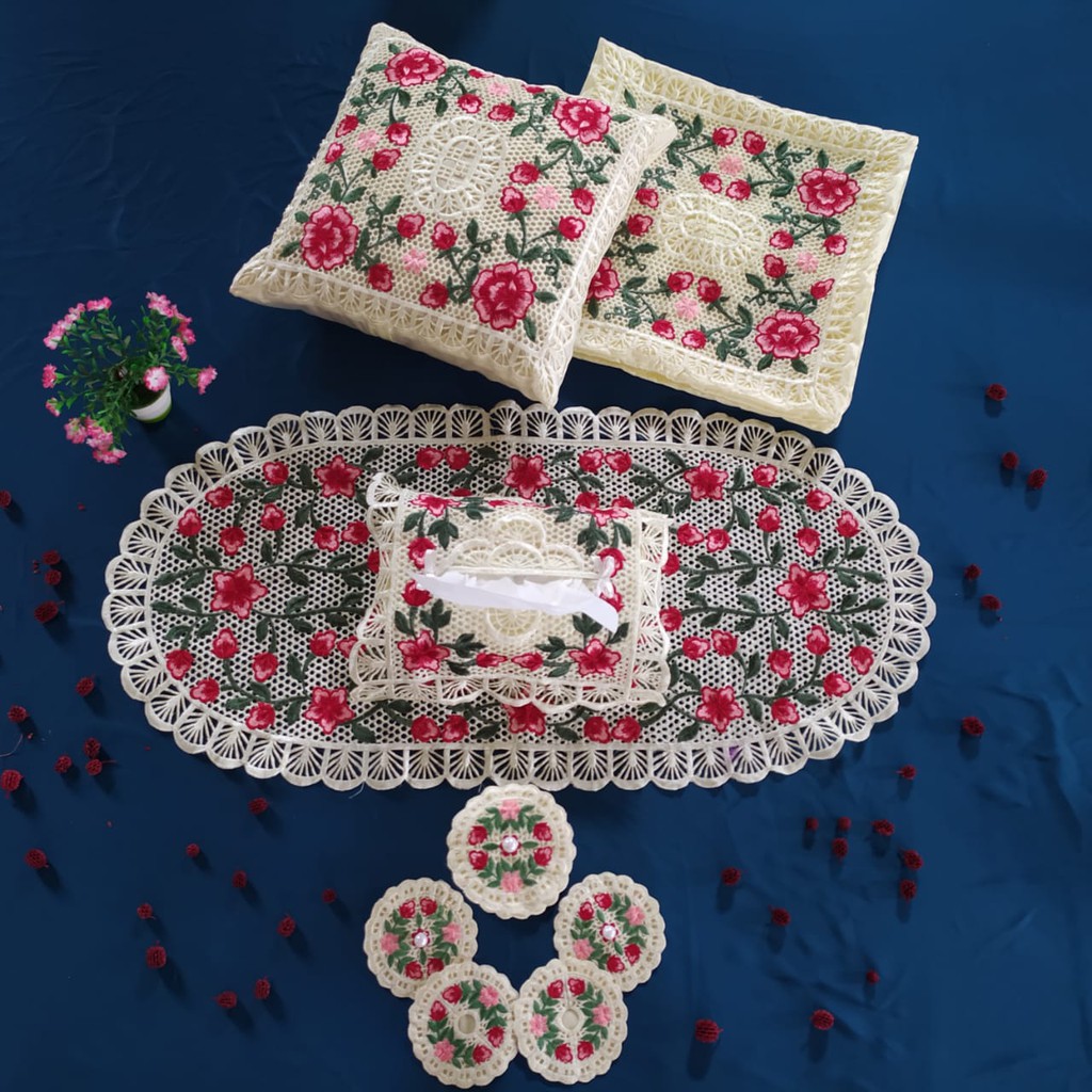Satu Set Sarung Bantal / Taplak Meja / Cover Tissu / Tatakan Gelas Bordir Cantik