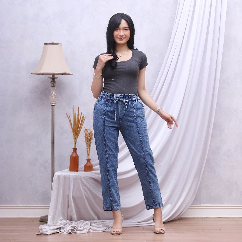 Baggy jeans wash snow bahan adem pinggang karet tali aktif allsize