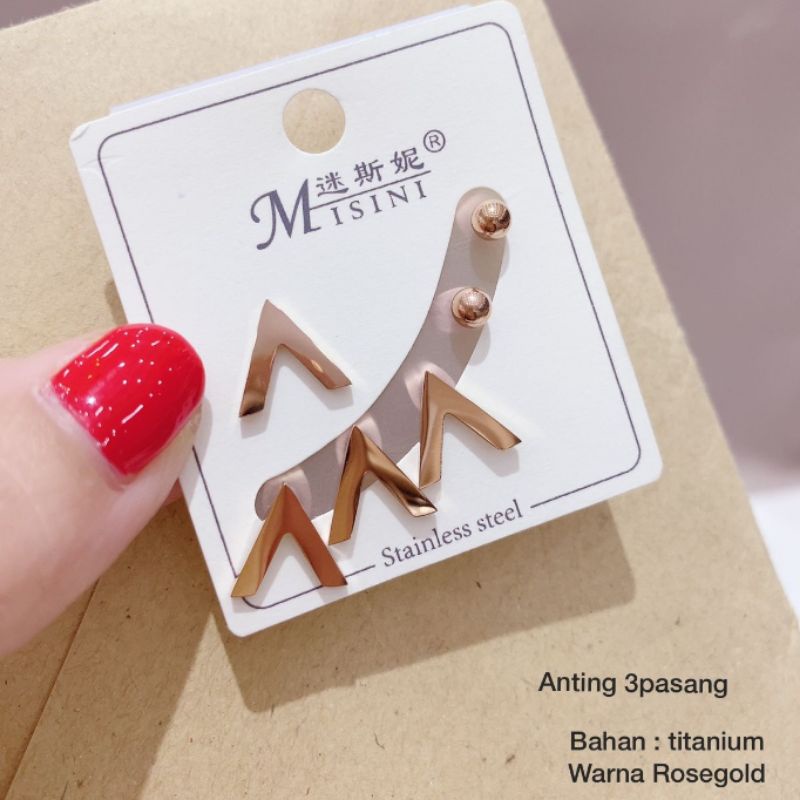 Anting Titanium Asli Isi 3set Stainless steel ori anti karat anti alergi Premium Quality 007