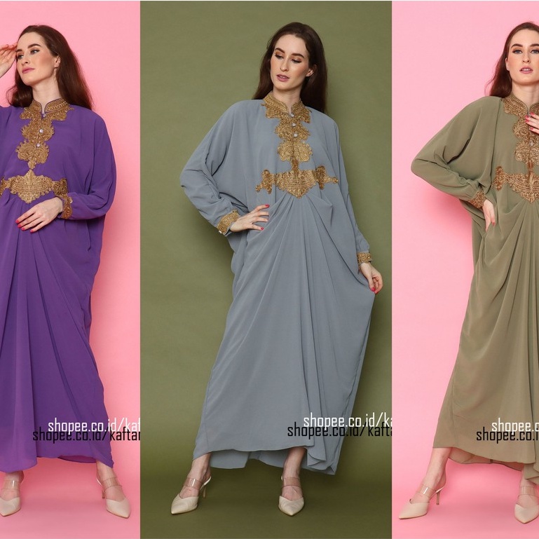 Kaftan Wanita Lebaran Bordir Dakope Warna Hijau Abu abu Ungu Cantik Mewah Terbaru Sifon sudah furing