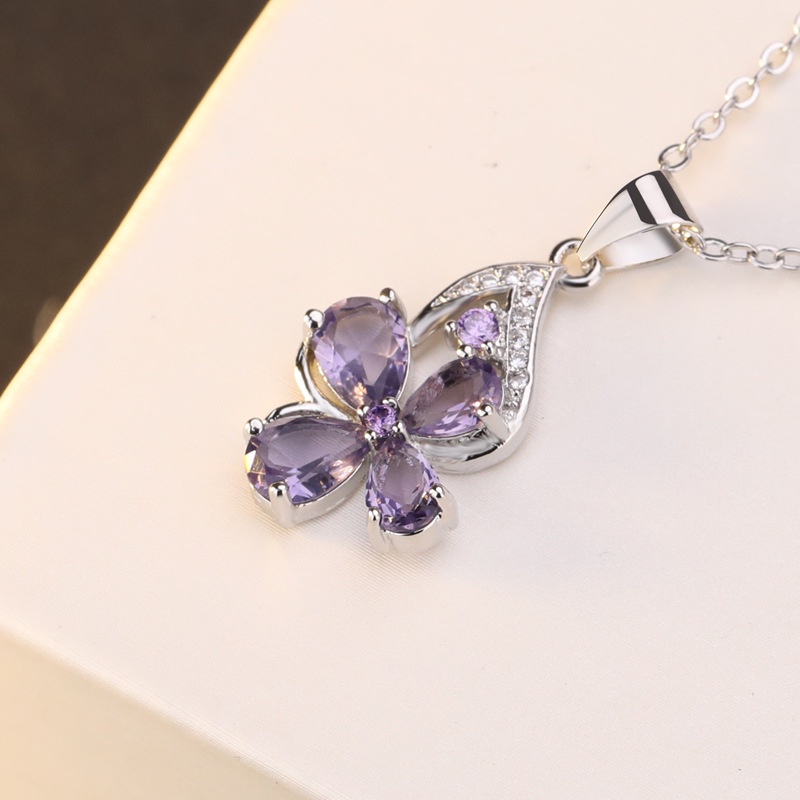 [Ready Stock]Fashion Plated S925 Silver Clover Amethyst Diamond-Studded Necklace Pendant