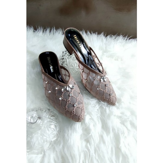 Gried Heels Sendal pesta wanita brokat hak 3 cm