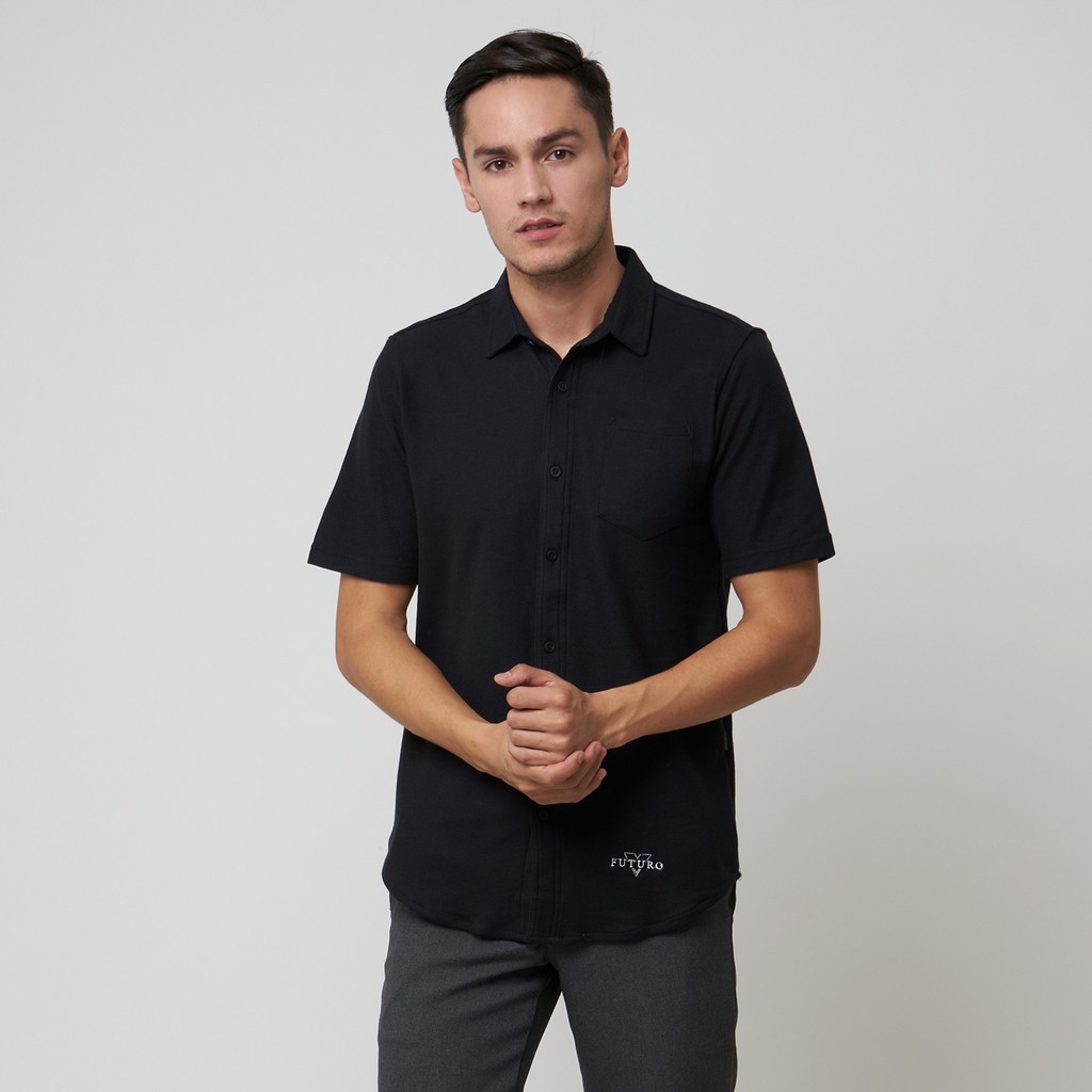 Kemeja pria Cotton Pique Black premium casual Formal