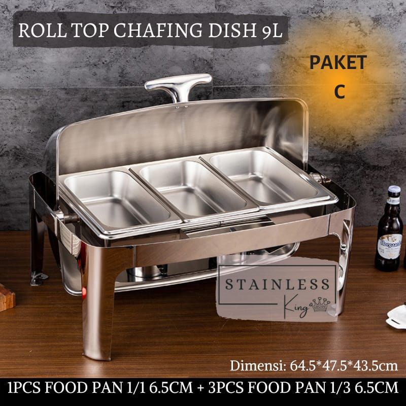 ROLL TOP CHAFING DISH STAINLESS STEEL 9L WADAH PRASMANAN STAINLESS