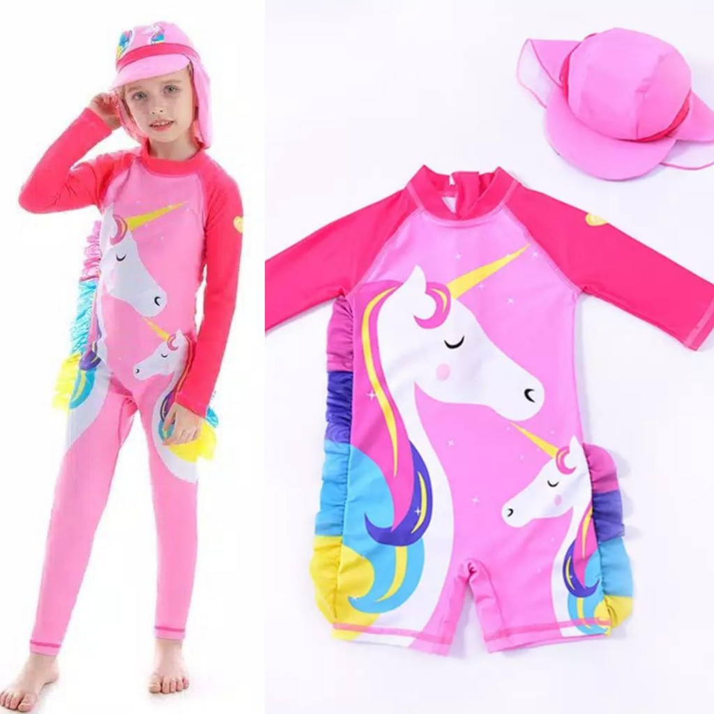  Baju  renang unicorn  panjang anak  set topi UPF50 swimsuit 