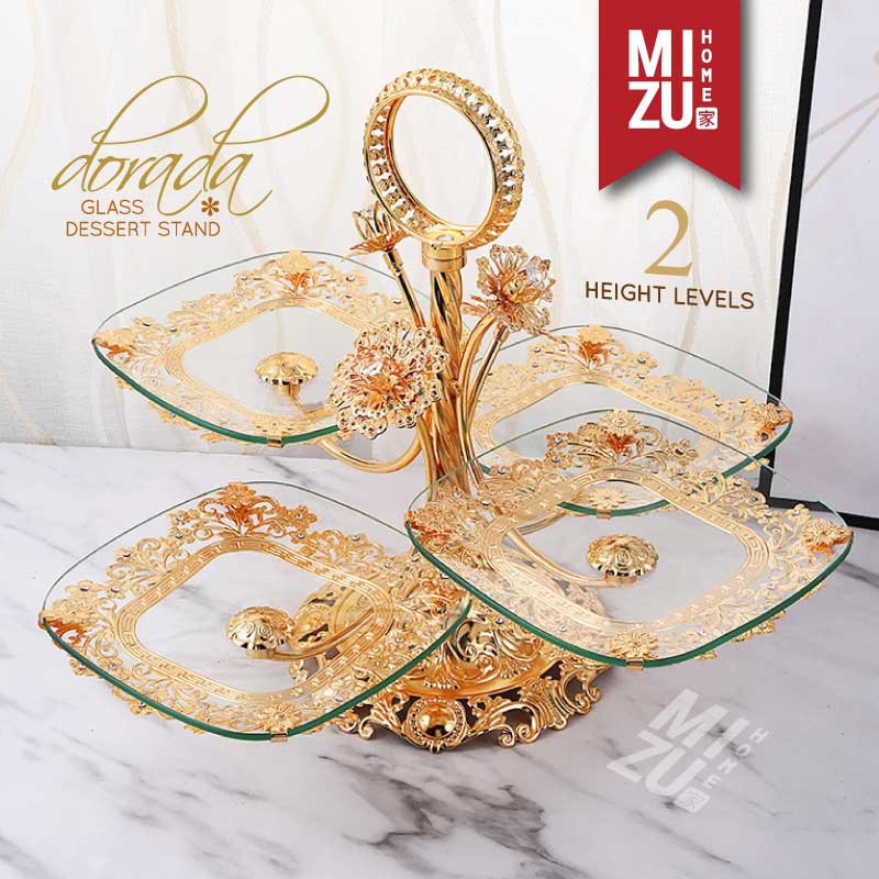 MIZU DORADA Glass Dessert Stand Cupcake Stand Snack Tower Menara Kue Emas Piring Kaca Susun Dekorasi-2