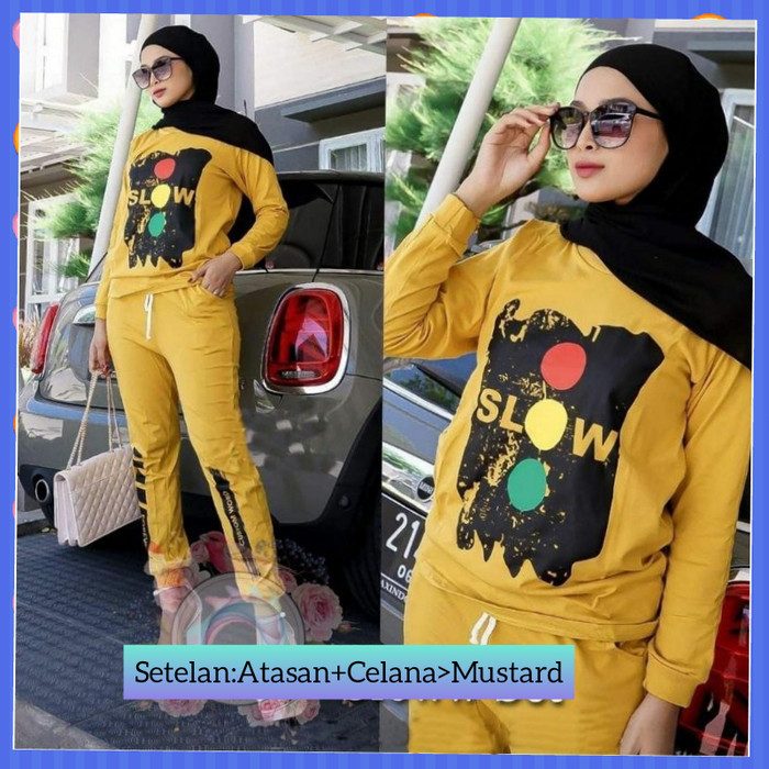 setelan hijab baju sport wanita slow xl senam olahraga zumba mustard