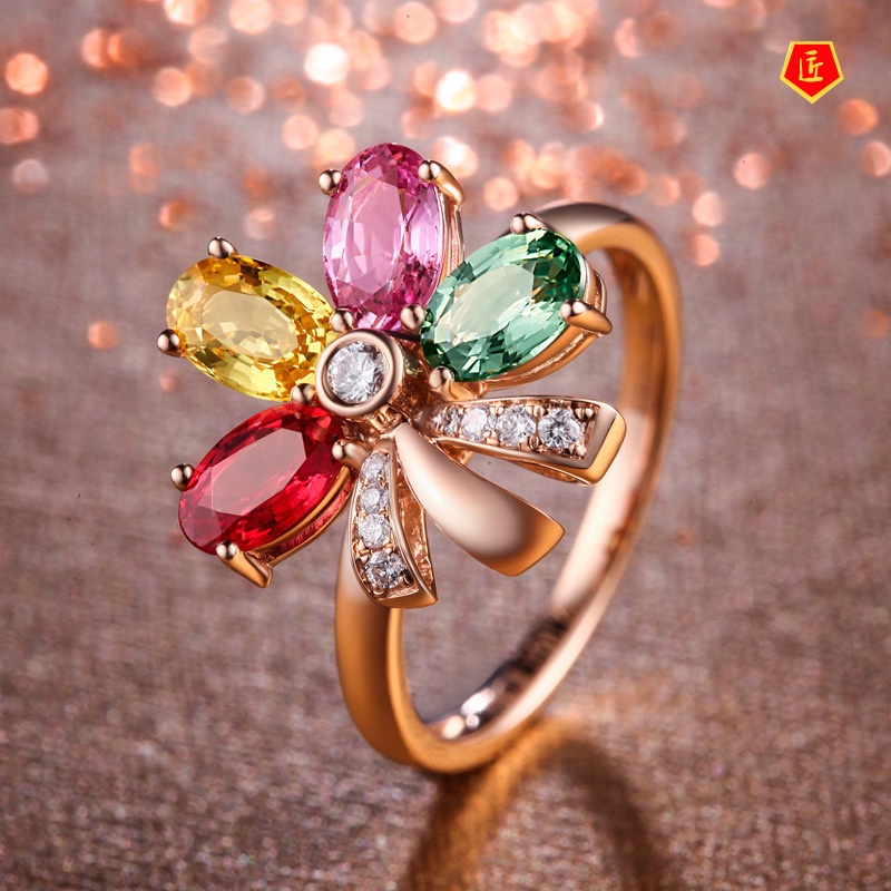 [Ready Stock]Fashion Elegant Rose Gold Flower Colored Gems Ring