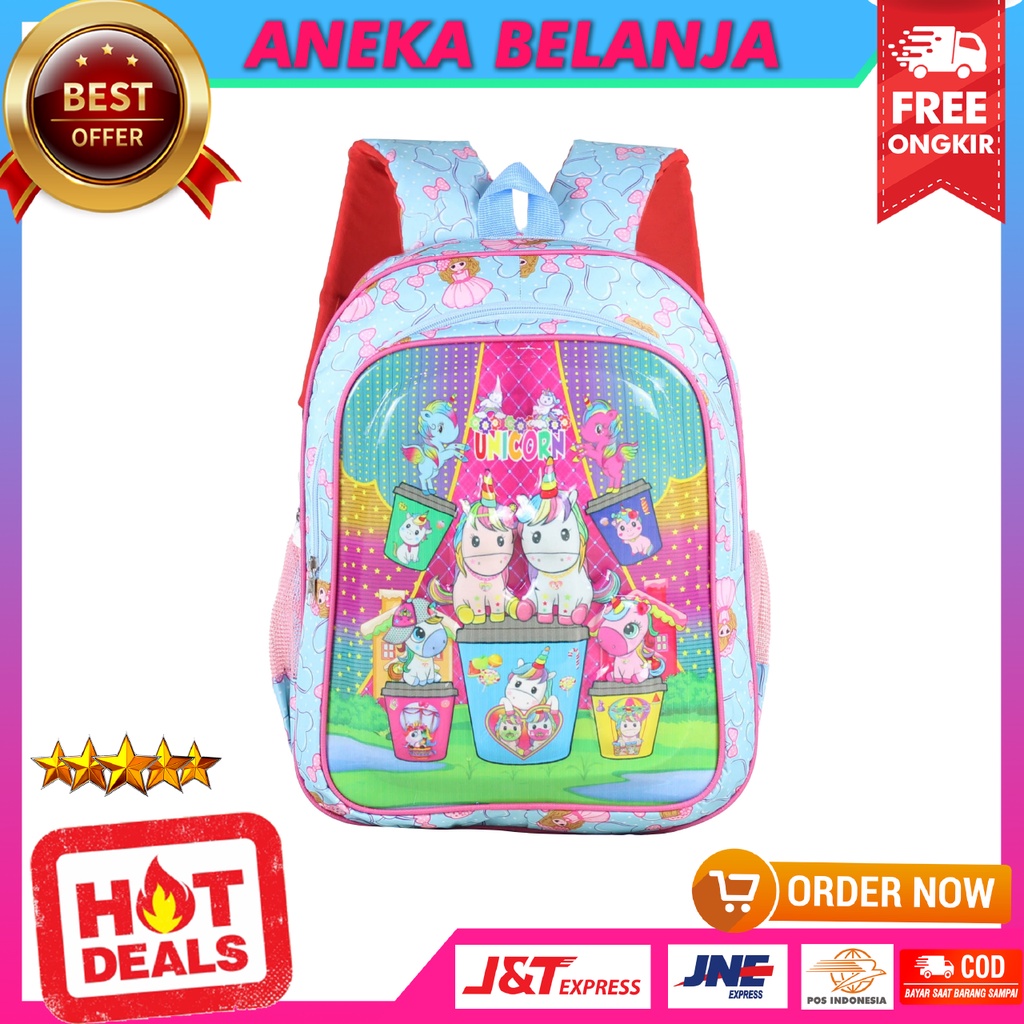 Tas Ransel Lampu Karakter Unicorn Warna Biru Imut Lucu Kekinian Cocok Untuk Anak Cewek TK PAUD