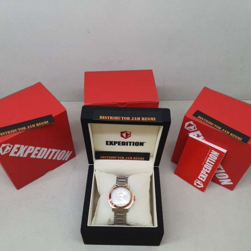 Jam Tangan Wanita Expedition E6385B E 6385 B E6385 B E 6385B All Silver Ring Rose Gold Dial White St