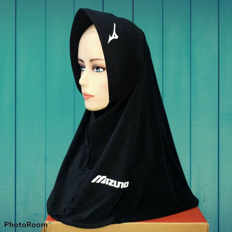 Hijab Sport Hijab Instan Sport Kerudung Olahraga Volly, Bersepedah, Joging Berlogo MIZUNO-Hitam lis putih
