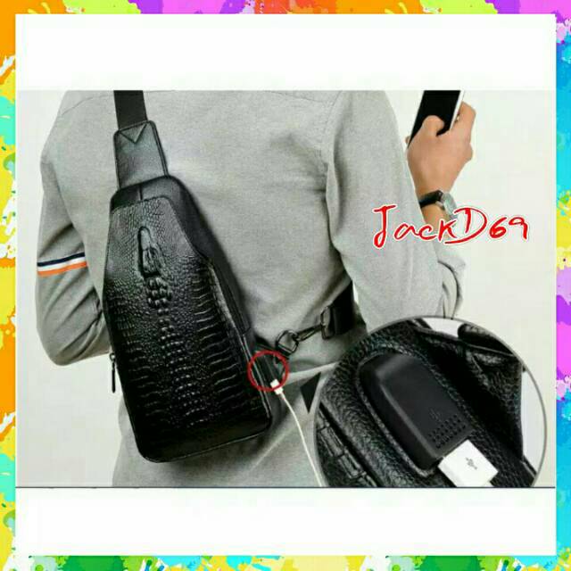 Tas Selempang USB Port Earphone Headset Motif Kulit Buaya Pria Impor