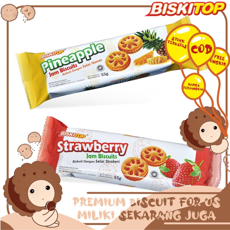 

BISKITOP - JAM BISCUITS 55g Biskuit Anak Dewasa Enak Renyah Biscuit Rasa Nanas Strawberry Terbaru