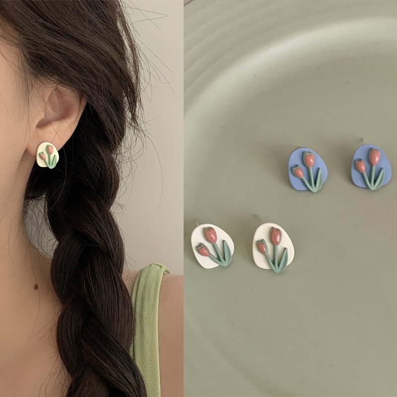 Anting Tusuk Motif Bunga Tulip Bahan Sterling Silver 925 Untuk Wanita