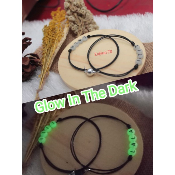 2 PCS GELANG TALI COUPLE TERMURAH MAGNET COSTUM NAMA / INISIAL GLOW IN THE DARK di gelap bisa nyala