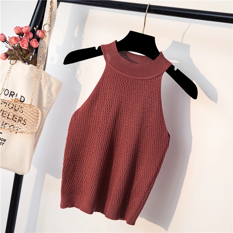 Korean Halter Tank Top Atasan Wanita Rajut C205-Brick
